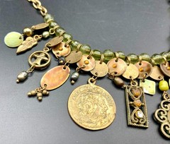 Vintage Dangle Cluster Charm Necklace w/ Olivine Glass Beads Coins Gold Tone