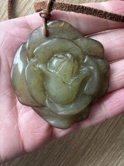 Vintage Tica Rosa Green Carved Stone Flower Pendant Necklace Brown Leather Cord