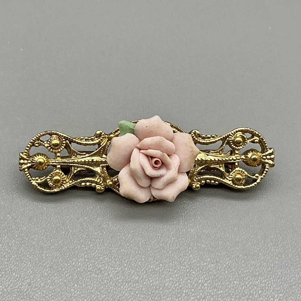 Vintage Brooch Women Pink Porcelain Rose Gold Tone Filigree Bar Pin 2.25 Inch