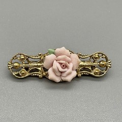 Vintage Brooch Women Pink Porcelain Rose Gold Tone Filigree Bar Pin 2.25 Inch