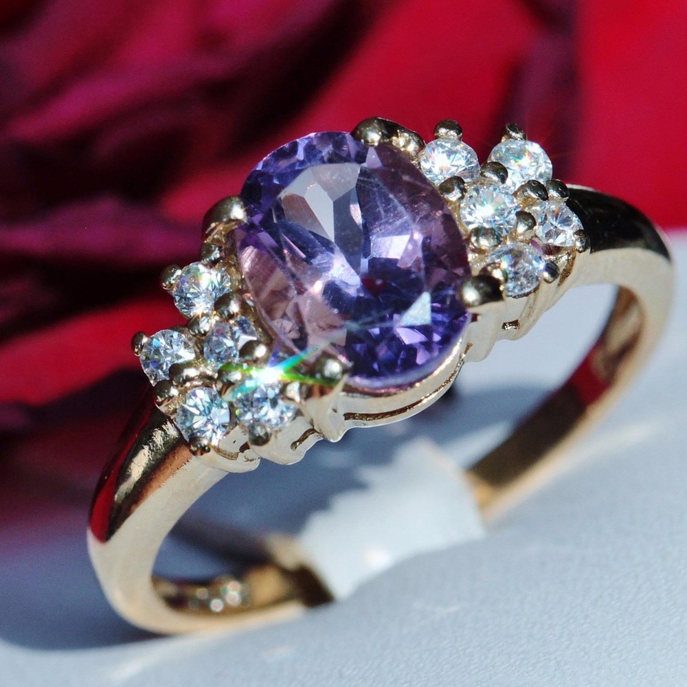 10k yellow gold ring 1.50ct amethyst & Crystal size 6 handmade vintage 2.40gr