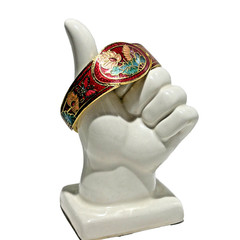 Cloisonne Enamel Bracelet Hinged Bangle Push-in Clasp Floral on Black