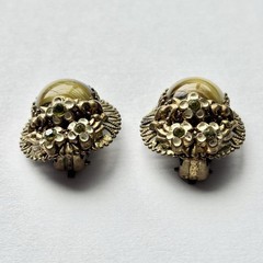 Green Porphyry Glass Cabochon Brass West Germany Vintage Clip On Earrings