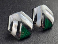 Vintage Hematite Mother of Pearl Malachite Mosaic Hexagon Pierced Earrings