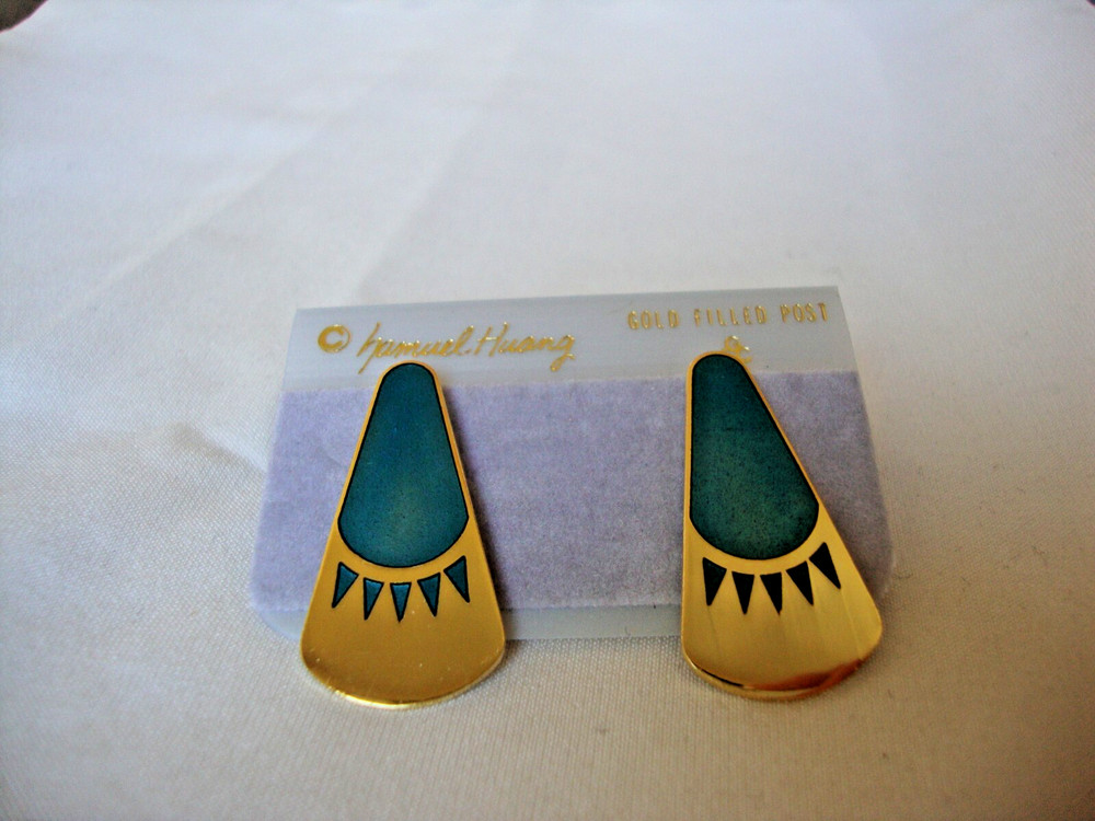 VINTAGE SAMUEL HUANG DESIGNER CLOISONNE RETRO ABSTRACT TEAL ENAMEL STUD EARRINGS