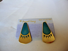 VINTAGE SAMUEL HUANG DESIGNER CLOISONNE RETRO ABSTRACT TEAL ENAMEL STUD EARRINGS