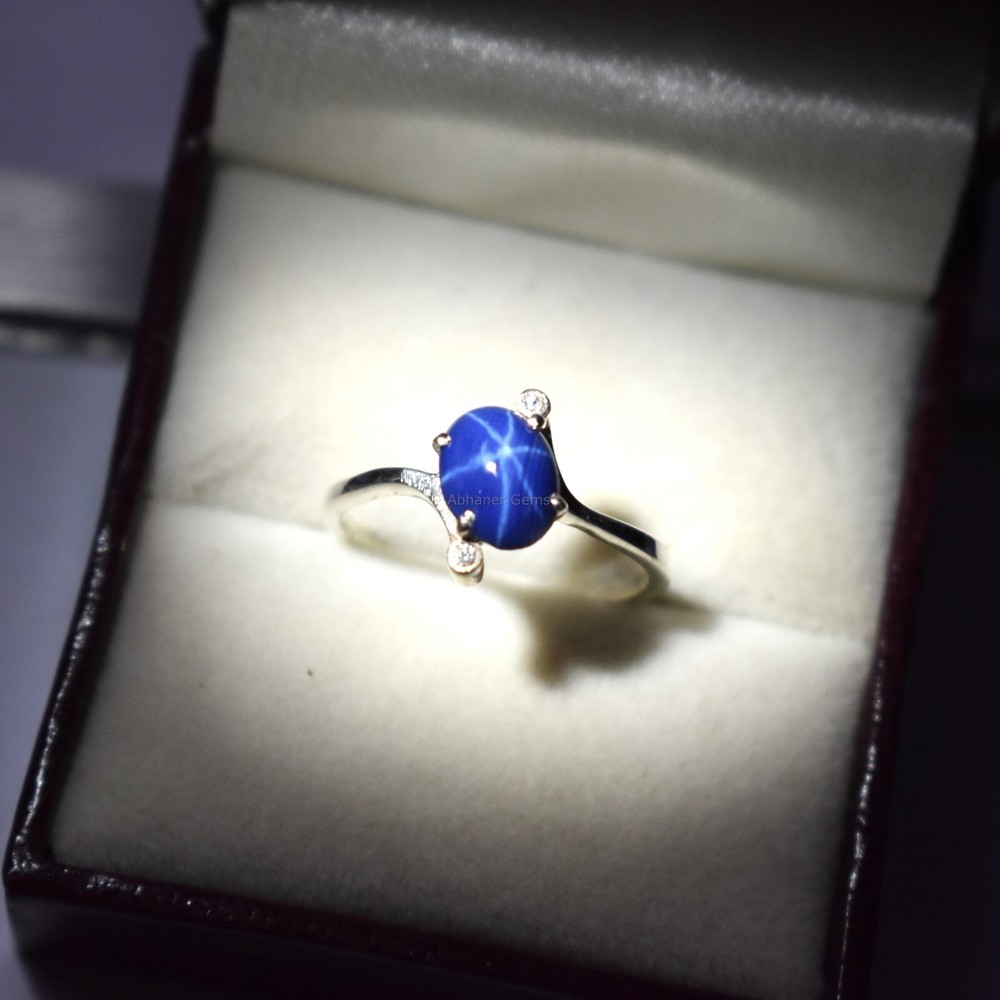 Top quality Lab Created blue star sapphire & zirconia Silver ring