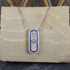 Art Deco Style Lab Created Diamond & Sapphire Wedding 14K White Gold FN Pendant