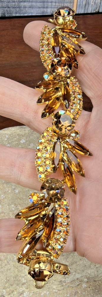 D&E Juliana 5 Link Bracelet Rhinestones Gold Amber AB Glass Aurora Borealis