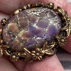 BLUE PURPLE IRRDESCENT SAPHIRET COLOR CABOCHON FOILED ART GLASS METAL PINCHBECK