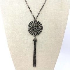 Vintage Gunmetal Gray Filigree Medallion Tassel Pendant Necklace
