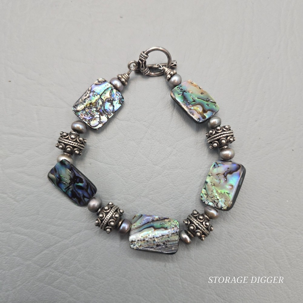 VTG Rectangle Abalones & Silver Tone Beaded Bracelet 8.75″ Long, Toggle Closure