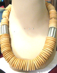 Vtg 70s Necklace Wooden Disc Beaded Boho Style w 2 metallic cylinder spacers