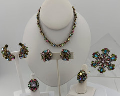 Hollycraft Pastel Rhinestone Parure Necklace Brooch Rings Earrings 6 Pc Lot 1953
