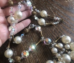 Vintage Gold Clear Ab Crystal Faux Pearl Filigree Brass Tassel Drop Necklace
