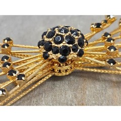 Warner Black Rhinestone Gold Tone Bow Brooch Pin Vintage 2.5 Inches Signed