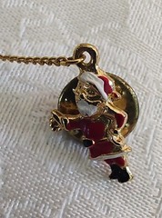 Vintage 1970s Christmas Enamel Santa & Reindeer Push Back Pins On Chain