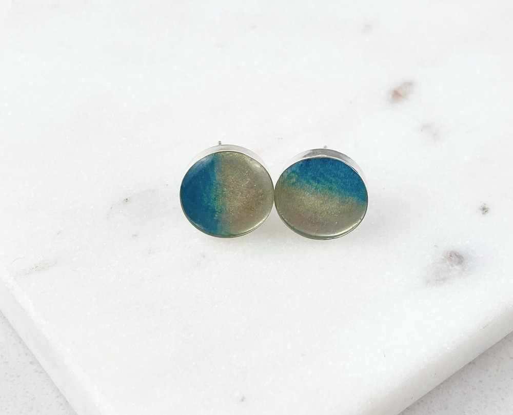 Vintage 925 Sterling Silver Blue Green Glass Circle Stud Earrings