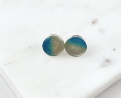 Vintage 925 Sterling Silver Blue Green Glass Circle Stud Earrings