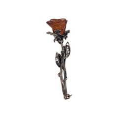 Vintage Sterling Silver Carved Baltic Amber Rose Flower Brooch Pin 2″