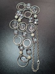 Vintage Silver Tone Geometric Station Necklace Clear Lucite Glass Hoops Textured