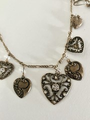 Glass Works Studio Long Charm Necklace Crystal Heart Rhinestone Brass Tone 18″