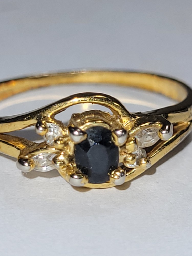 Vintage Genuine Sapphire & Simulated Diamond Trilogy Engagement Ring Size 7