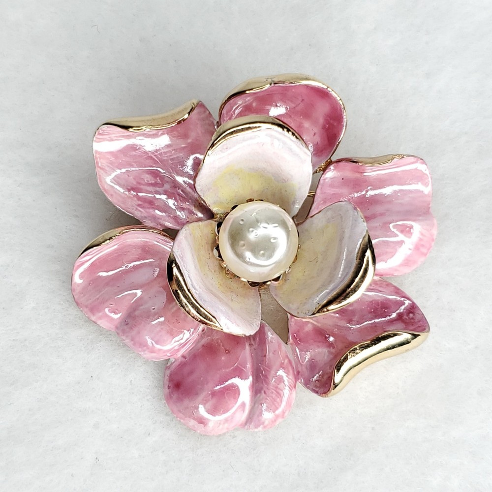 Vintage Francois Brooch Enamel Flower Pink Gold Tone 2.25″