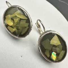 Vintage Mother-of-Pearl Mosaic Oval Earrings Silver Tone Boho Art Deco