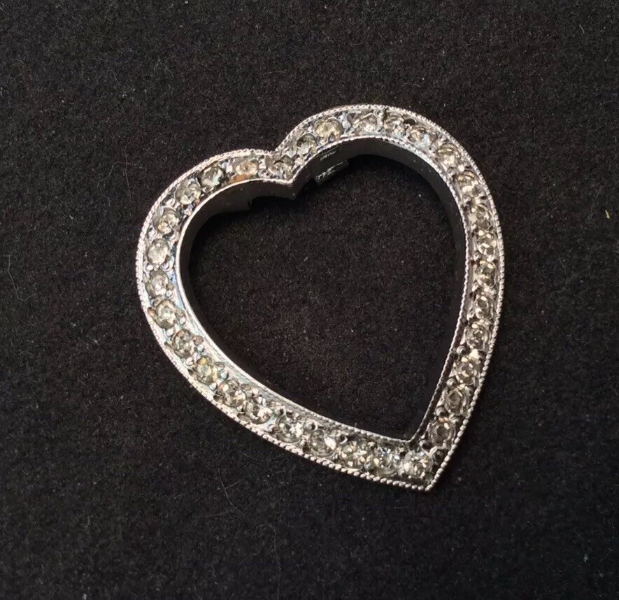 Antique Theda 925 Sterling Silver Rhinestone Open Heart Love Slide Pendant