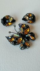 Vintage 1950s metal rhinestone butterfly brooch and matching earring set