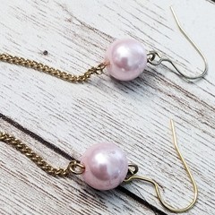 Vintage Earrings For Pierced Ears – Long Pink/Peach Faux Pearl Dangle