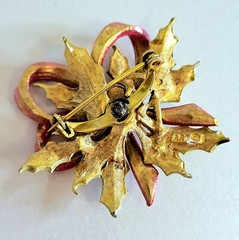 Vintage ART Arthur Pepper Holiday Brooch Spray Greens Fx.Pearls Red Enamel Bow