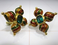 Joan Rivers Maltese Cross Gold Enamel Earrings Russian Dome Green Rhinestone VTG