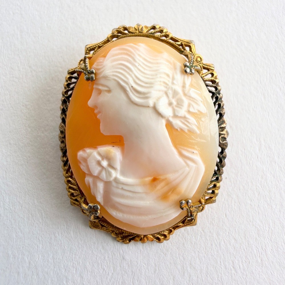 Vintage Sterling Silver Cameo Brooch Filigree Gilt Gold Wash Carved Shell Pin
