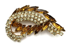 VTG 2.25” Abstract Pin / Brooch W/ Amber / Topaz Navette Stones and Rhinestones