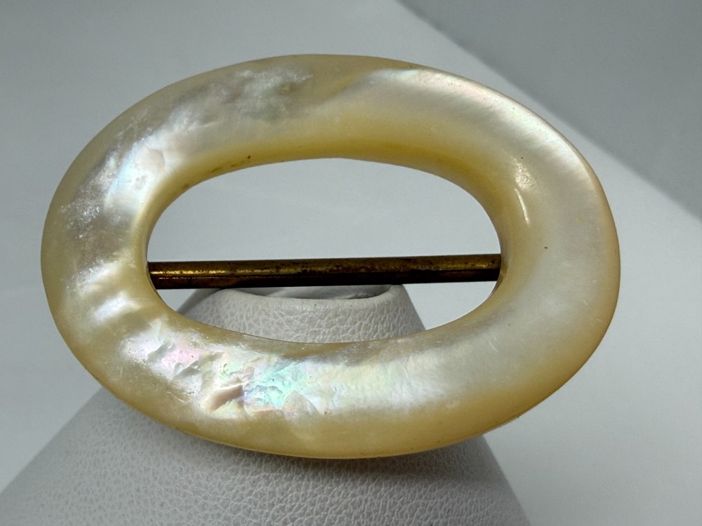 Antique Victorian Era Brass Oval Mother Of Pearl Shell Buckle or Scarf Slide