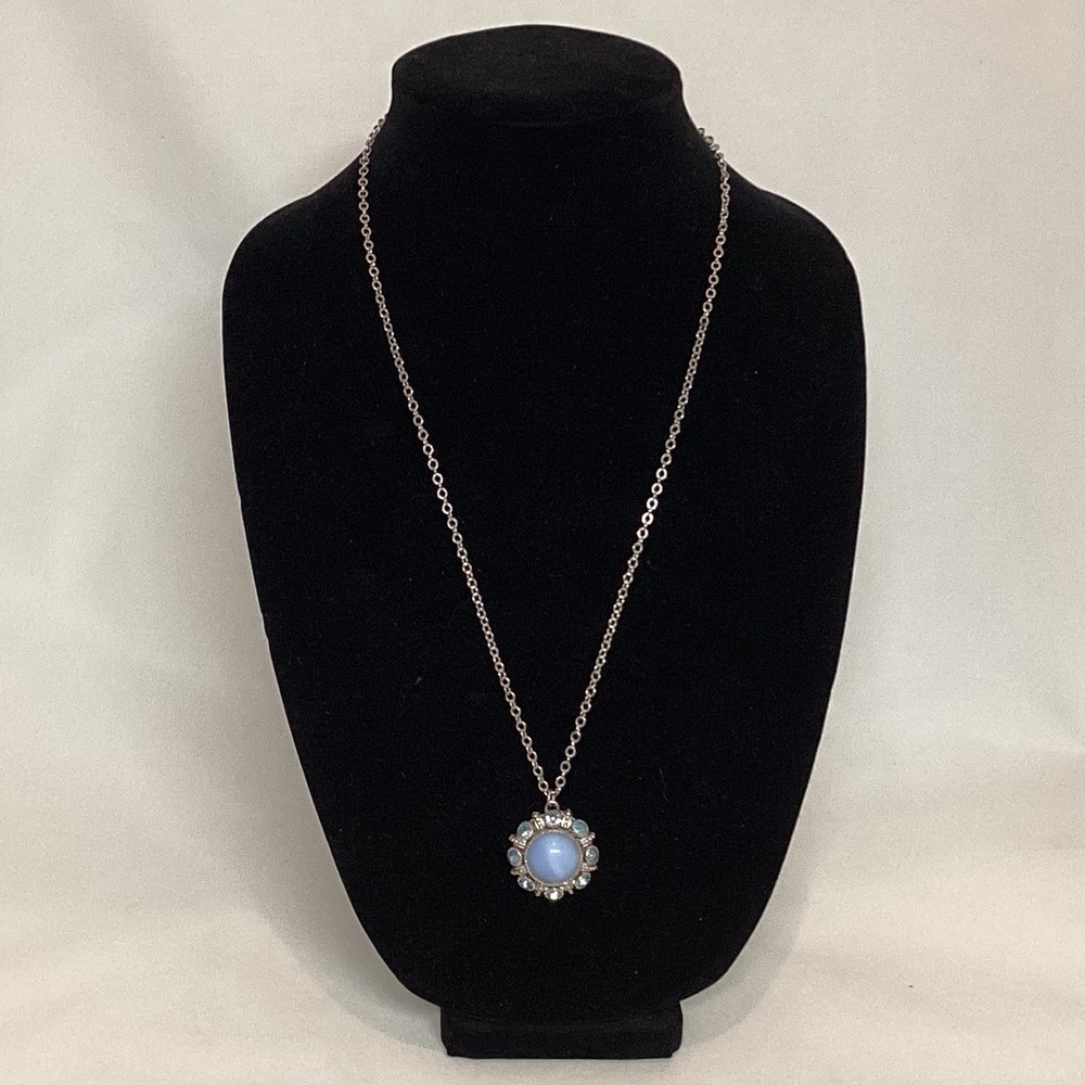 Vtg Avon Blue Moonstone & Rhinestone Necklace Moon Magic Costume Jewelry 24″
