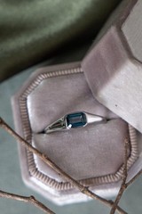 Emerald Cut Teal Sapphire Ring 925 Sterling Silver Chevron Engagement Ring