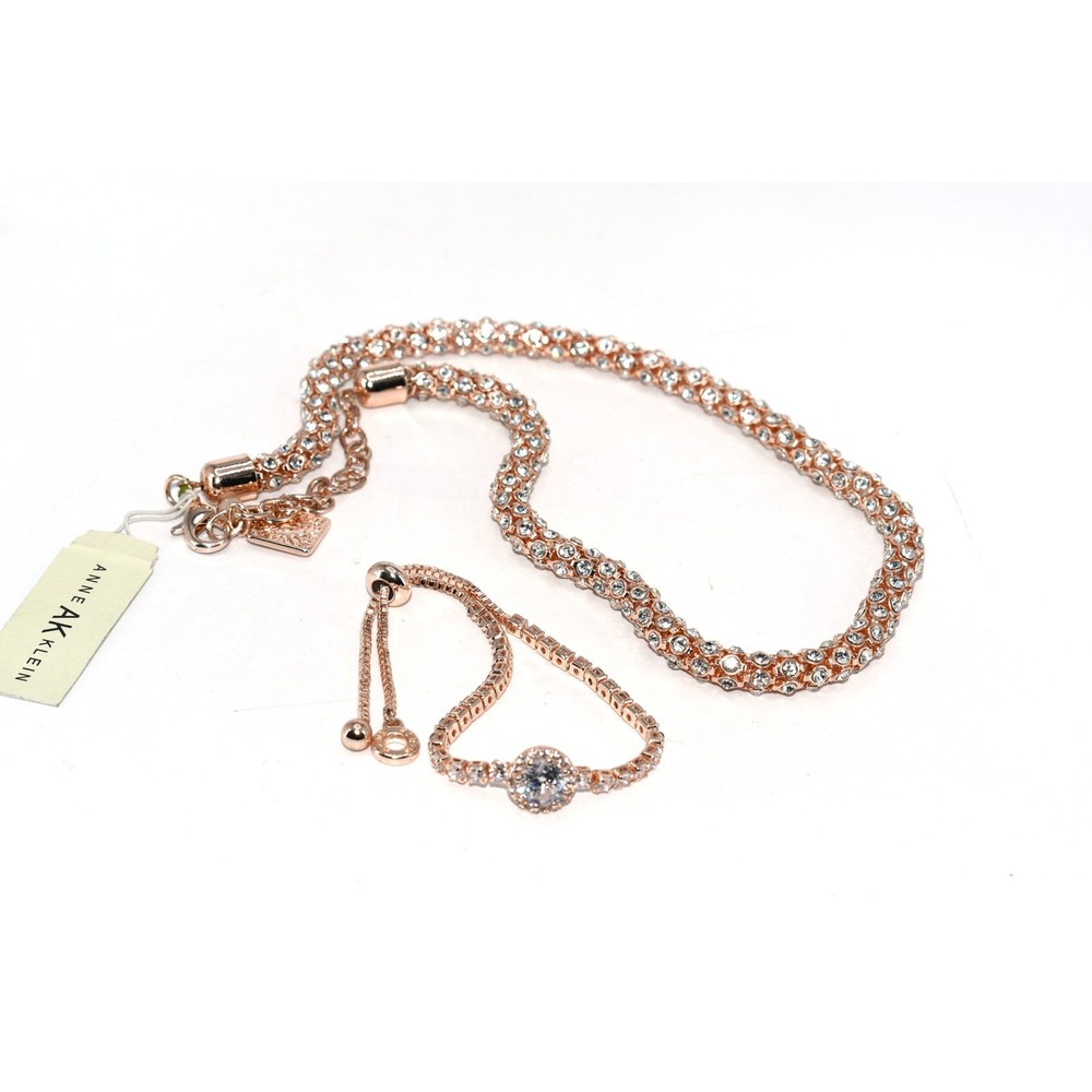Anne Klein Rose Gold Tone Necklace & Bracelet Set Rhinestone Tag New