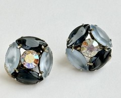 D&E Vintage Flower Corsage Ice Blue & Onyx Navette Brooch Pin & Clip-on Earrings
