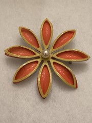 Vintage Mod Flower Brooch Pin Orange Yellow Faux Pearl Center 2.5in