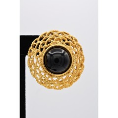 Vintage Black Cabochon Clip On Earrings Gold Tone Chunky 1990s Statement NOS W1
