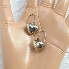 Vintage 3-D Puffy HEART Drop Dangle Pierced Earrings 925 Sterling Silver 1 1/8”