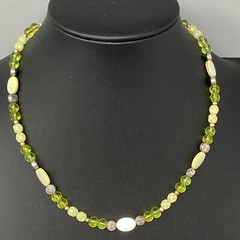 Dainty Glass Station Necklace Lime Green Druk Bead MOP Frosted Acrylic Faceted
