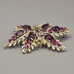 Vintage Rhinestone Butterfly Brooch Clip On Earring Set Pink Purple Gold Tone