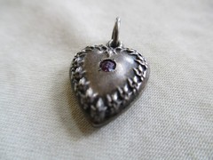 Vtg Sterling Charm 40s Era Puffy Heart Tiny Fleur de Lis Border Inset Pink Stone