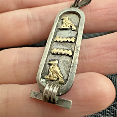 STERLING SILVER & 14K GOLD EGYPTIAN REVIVAL CARTOUCHE HIEROGLYPHIC ANNA PENDANT