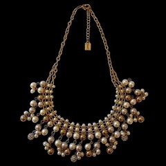 Y2K Bib Fringe Necklace Egyptian Revival Faux Pearl Gold Tone Victorian Vintage