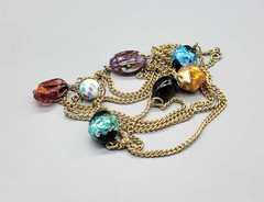 Vintage Gold-Tone Chain Necklace W/ Colorful Glass Beads N1D
